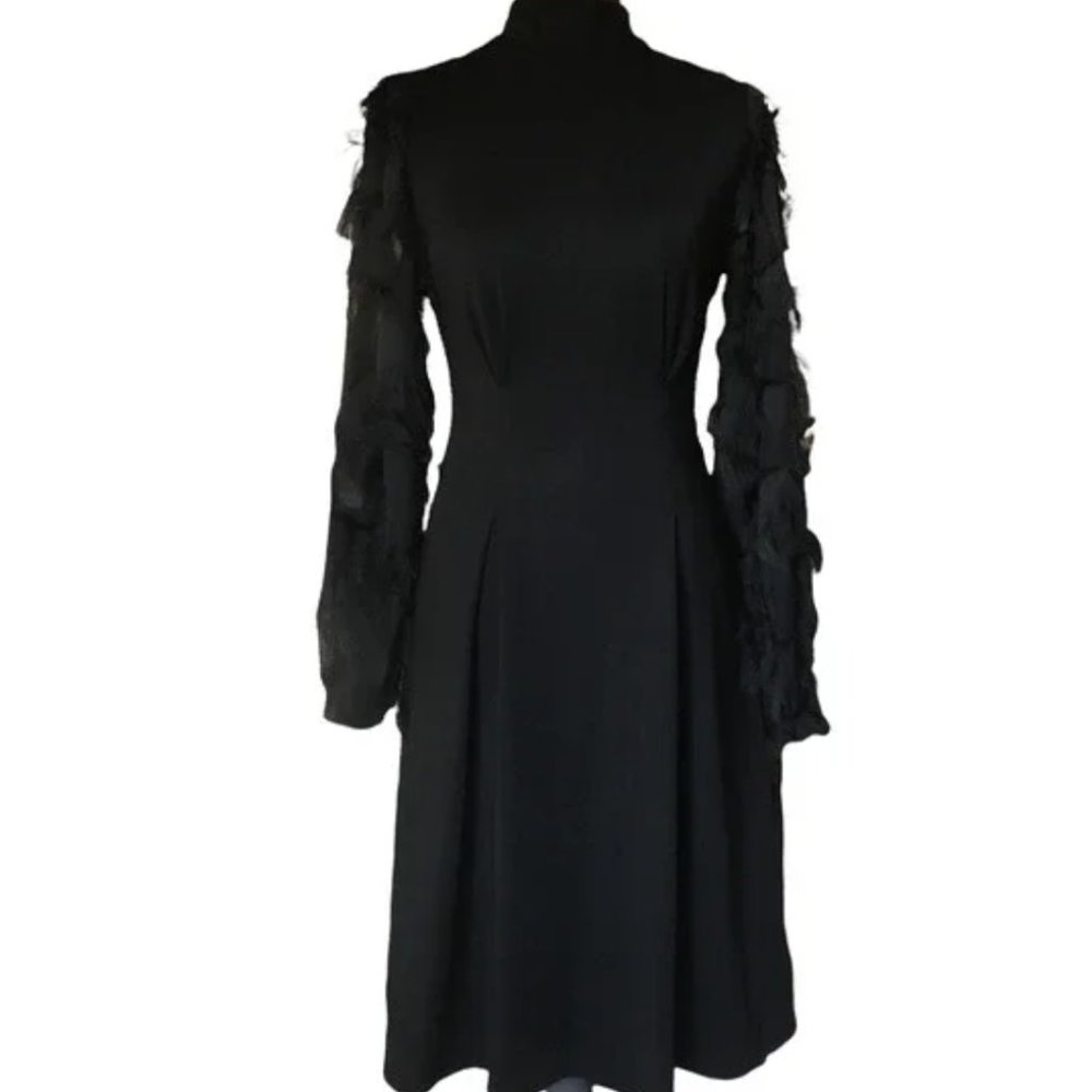 Avantlook Fit & Flare Mock Neck Tie Back Sheer Eyelash Sleeve Dress